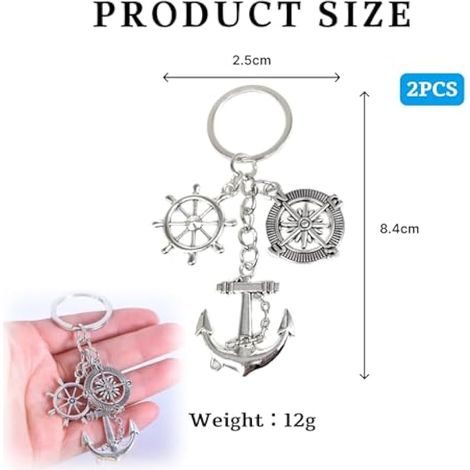 2pcs Porte-clés Ancre, Barre à roue, Barres à roue, Compas, Voile, Voilier, Bateau, Porte-clés Maritim Pour cadeau de voile (1/5)