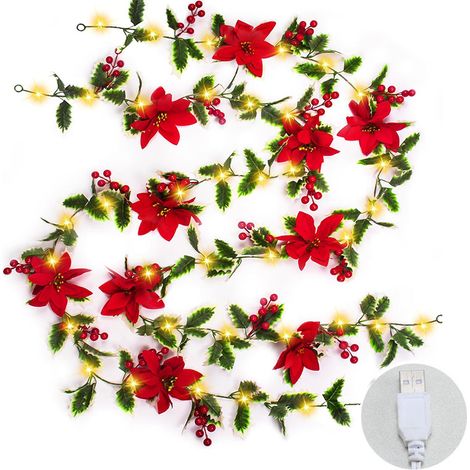 1Guirlande de Noël LED avec poinsettia houx et baies rouges Décoration murale d'intérieur rechargeable par USB 20 LED 3 m (1/5)