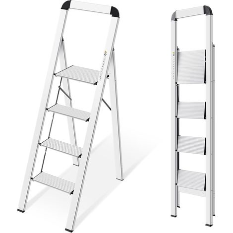 Escabeau 4 Marches Pliable en Aluminium Léger, Marche Pied Pliant avec Pédales Antidérapantes, Main Courante, Échelle pour Maison Cuisine Bureau, Gain de Place, Charge Maximale 150 kg Argenté (1/5)