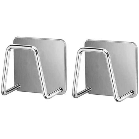 Lot de 2 porte-éponges auto-adhésifs, pour la cuisine, montage sans perçage, en acier inoxydable, antirouille et étanche, Fonepro Argent (1/5)