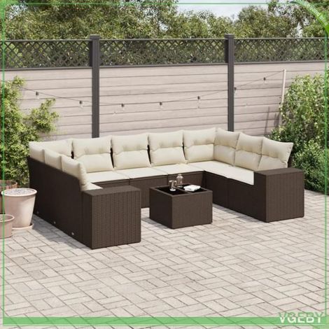 Salon de jardin - Ensemble 10 pcs - Résine tressée marron - Coussins déhoussables - Rangement sous assise (1/3)