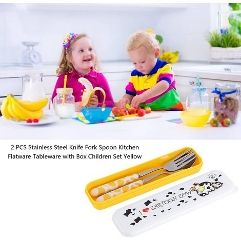 Ensemble de 2 couverts de cuisine en acier inoxydable (couteau, fourchette, cuillère) avec boîte, jaune, pour enfants. (1/5)