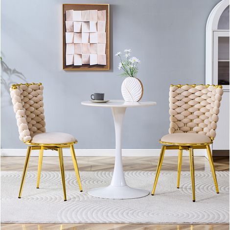 Set de 2 sillas de comedor 62/58/51 cm en terciopelo beige con respaldo trenzado y patas doradas (1/5)