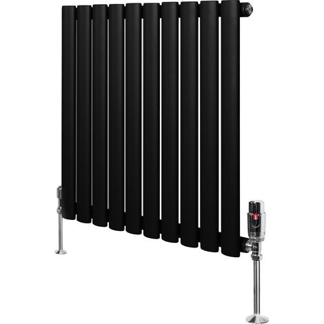 Radiador Ovalado Columna Simple  Negro 571 W 600x600mm + Válvulas Termostáticas Cromadas – Calefacción Hogar Eficiente  Estilo Contemporáneo  Acero Premium  Fácil Instalación y Bajo Consumo (1/5)