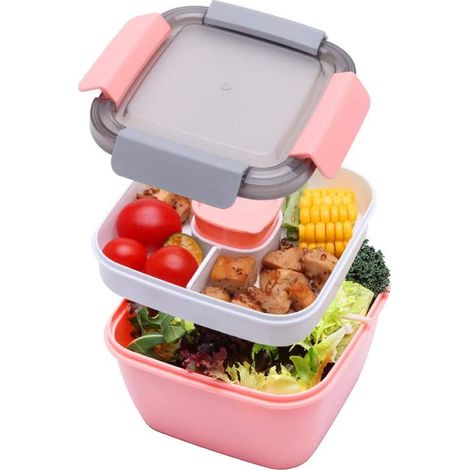 Salad Container - 1.1 L - 2 Compartments With 100 ml Dressing Pot - Leak Proof - BPA Free PP - Includes Spork - Pink (1/5)