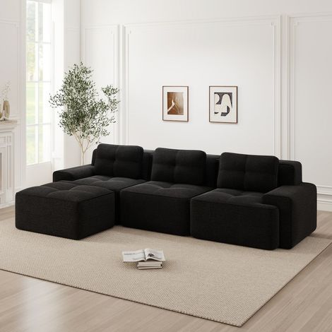 Sofá modular en L, 293 x 177 x 69 cm - Sofá esquinero de 3 plazas con puf otomano de terciopelo acanalado y asiento profundo - Negro (1/5)