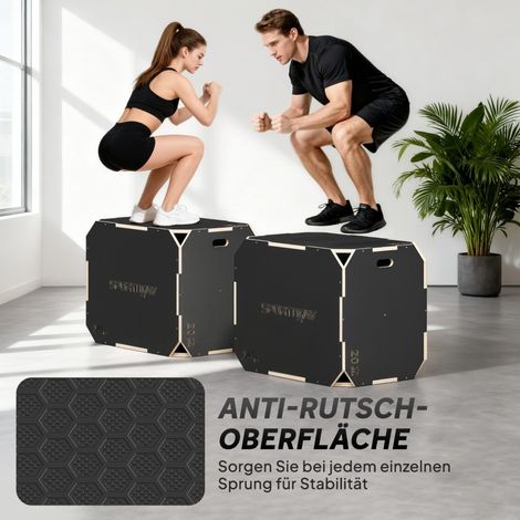 Boîte pliométrique 3-en-1, box de saut avec poignées découpées, pour fitness à domicile et entraînement extérieur, 3 hauteurs réglables, bois, noir (1/5)