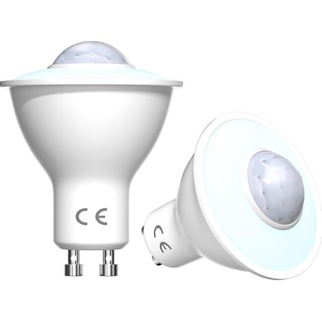 2pcs LED Ampoules de Capteur de Mouvement GU10 PIR Ampoule de Capteur de Lumière 5W Blanc Froid 6000K Auto On/Off LED Lampe de Sécurité pour Les Escaliers, Le Garage, La Passerelle, La Cour (1/5)