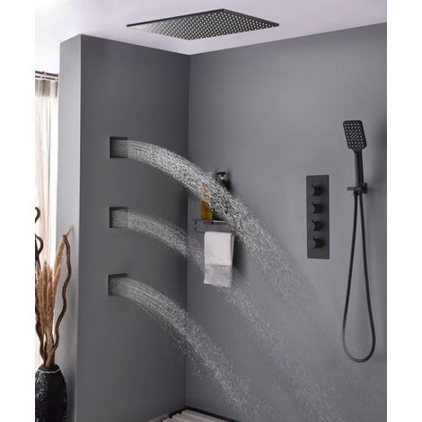Kroos – Douche pluie encastrable plafond noire – jets massants – mitigeur thermostatique – acier inoxydable – 3 jets carrés – débit 7-9 L/min (1/5)