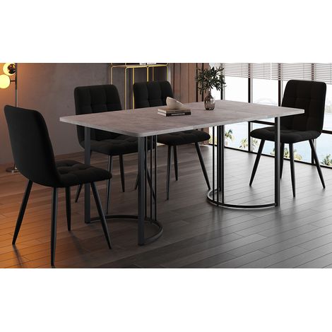 Ensemble repas 5 pièces, table moderne 140x80 cm pieds métal noir, plateau MDF gris, 4 chaises salle à manger velours noir, set cuisine design