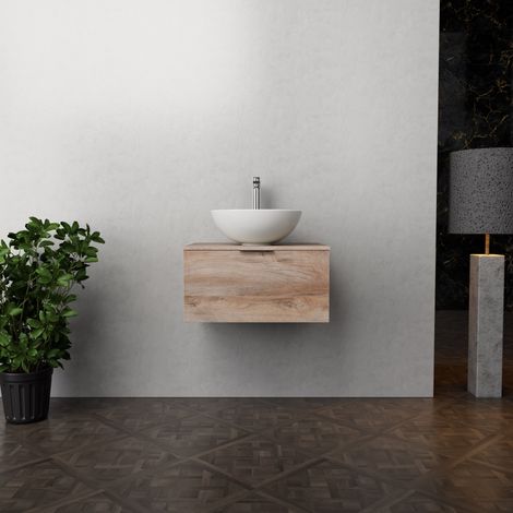 Inda - Badezimmerschrank B.60 mit Aufsatzwaschbecken / Natureiche 1 Schublade - Topazio