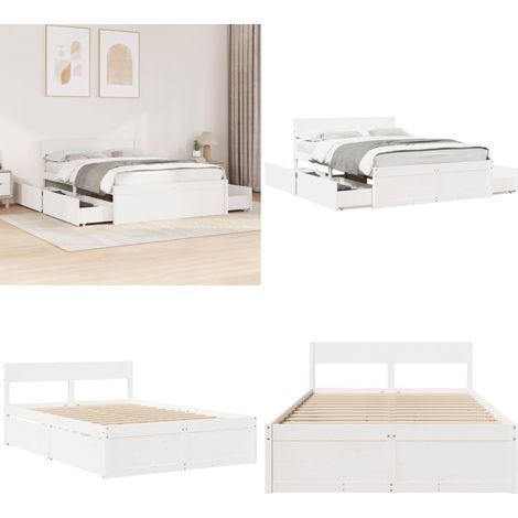 Letto senza Materasso Bianco 120x190 cm Legno Massello di Pino - Letto con cassetti - Letto in legno