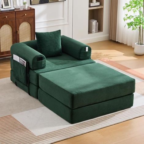 Fauteuil avec pouf - SOGEU - Modulable - Velours côtelé blanc - Cadre métallique stable - Rembourrage épais (1/5)