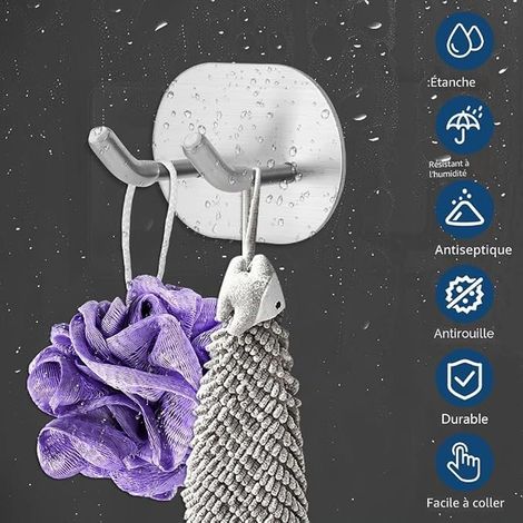 Crochet Mural, Porte Serviette Salle de Bain, Accroche Torchon Cuisine en Acier Inox, Porte Manteau Adhésif, Attache Murale Sans Percer, Crochet Autocollant pour Cuisine Salon (1/3)