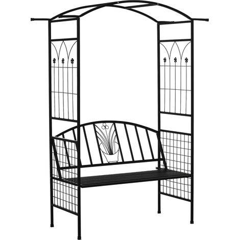 Arche de plantation avec banc Banc Arche de porte Treillis Aide à la grimpette Jardin Toit arqué Métal noir 154 x 60 x 205 cm