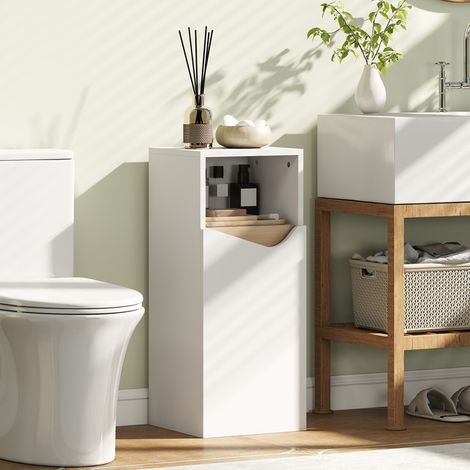 Mobiletto Bagno con Armadietto con Anta Ammortizzata e Vano Aperto, 30x30x71.5 cm, Bianco e Legno (1/5)