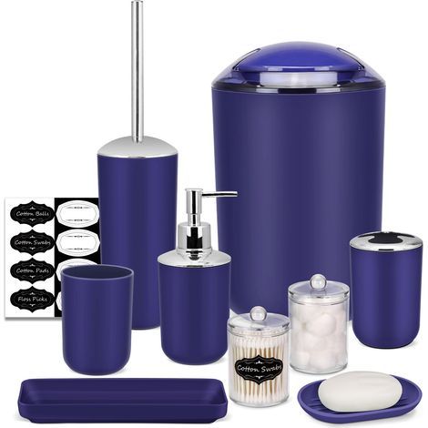 Ensemble d'accessoires de Salle de Bain - 8 pièces - Bleu - avec Poubelle, Distributeur de Savon, Porte-Savon, Porte-Brosse à Dents, gobelet à Brosse à Dents, Porte-Brosse de Toilette, (1/5)