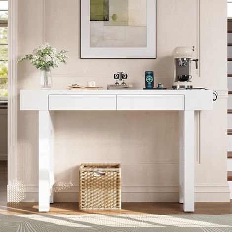 Console d’Entrée avec 2 Tiroirs, Prises USB et Type-C Intégrées, Table Console de Rangement avec Pieds Réglables pour Entrée, Couloir, Salon ou Bureau,blanc (1/5)