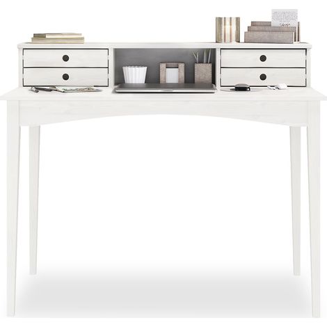 Idimex – Bureau droit en pin massif lasuré blanc – 4 tiroirs et niche intégrée – Dimensions 91 x 110 x 54 cm (H x L x P)