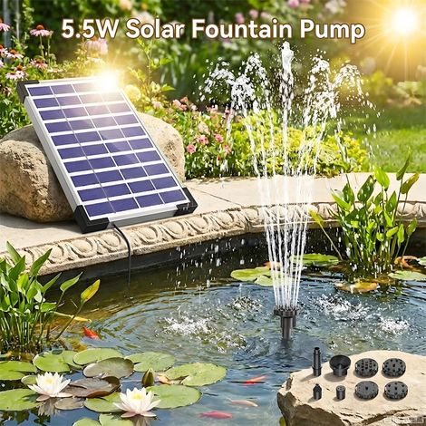 Pompe de fontaine solaire 5.5W, batterie 1500mAh intégrée, pompe de fontaine d'eau flottante solaire DIY pour bain d'oiseaux, aquarium, étang, jardin (1/5)