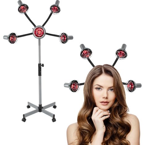 Lampe chauffante infrarouge à 5 têtes, sèche-cheveux réglable en hauteur, tête chauffante de qualité professionnelle 750 W, équipé de 4 roulettes pivotantes, blanc