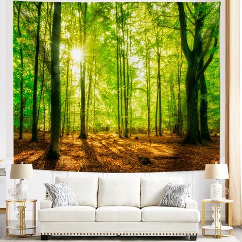 Tenture Murale Foret Nature, Tapisserie Murales Jaune Vert Marron Arbre Paysage Forêt Ensoleillé Tapisseries Decoration pour Maison Salon Chambre Dortoir, 240x220 CM (1/5)