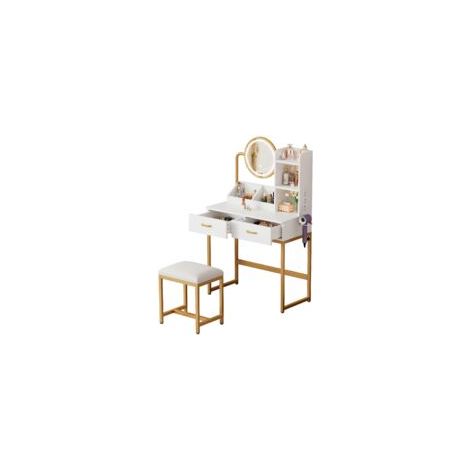 Coiffeuse moderne avec miroir LED pivotant et prises intégrées – Ensemble 2 tiroirs, 2 étagères, blanc et or, dimensions 80 x 40 x 138,5 cm – Station beauté chic et connectée (1/5)
