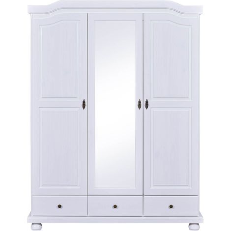 NEDER - Armoire 3 Portes Avec Penderie Bois Massif Vernis Blanc (1/5)
