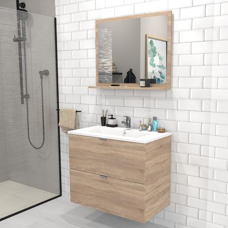 Waschbeckenunterschrank mit 2 Schubladen MALAGA 80 cm + Waschbecken + Spiegel / Gebleichte Eiche/