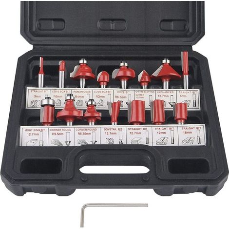 KZQ – Coffret de 15 fraises à toupie 6,35 mm – Pointe carbure de tungstène – Tige acier forgé – Pour bois dur et MDF (1/5)