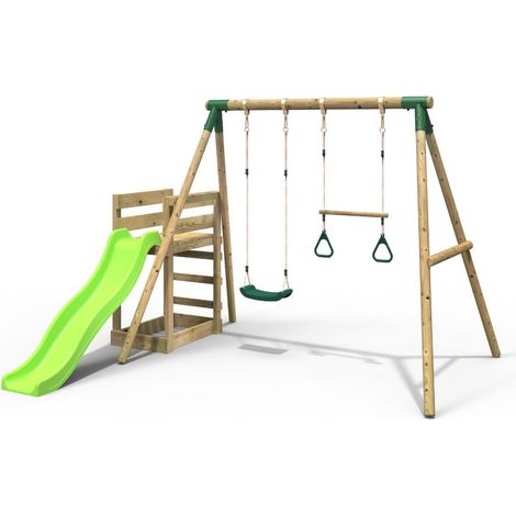Rebo Wooden Swing Set plus Deck & Slide - Janus Green