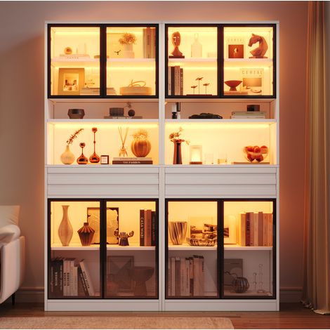 Lot de 2 vitrines hautes 80 x 35 x 200 cm en MDF, 8 portes vitrées, LED, blanches (1/5)