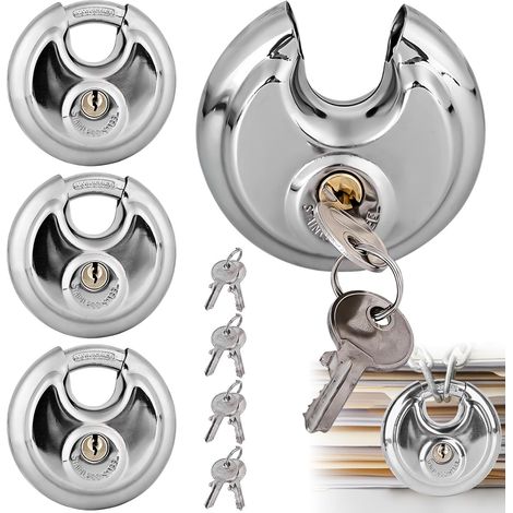Lot de 4 cadenas ronds de 70 mm avec 8 clés - Cadenas rond avec manille en acier inoxydable - Serrure à disque ronde - Résistant aux intempéries - Serrure de sécurité (1/5)