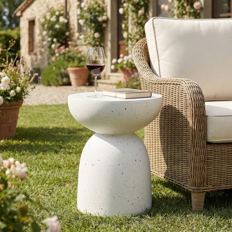 Table d'appoint de jardin, table basse extérieure pour balcon terrasse piscine, en oxyde de magnésium MgO aspect pierre moderne H52.5 cm, Blanc Terrazzo