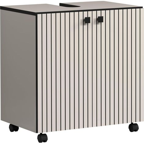 Meuble sous-lavabo sur roulettes - Cachemire Gris Clair - 1 étagère - (l x H x P) 60 x 64 x 42 cm - Aspect rainuré - Poignées métalliques élégantes (1/5)