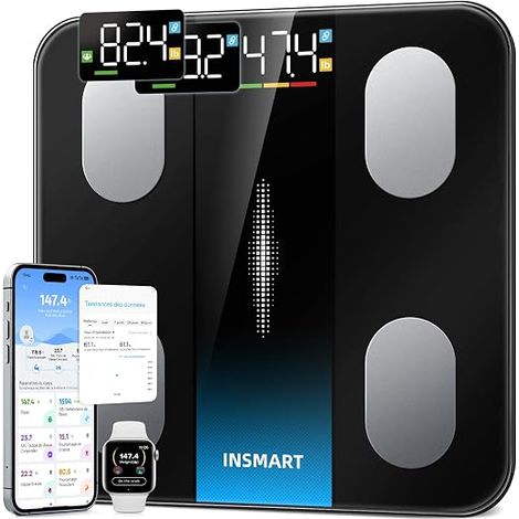 Pese Personne Balance Pese Personnes Écran Balance 16 Mesures Corporelles IMC Pourcentage graisse Synchronisation APP 400lb Noir (1/5)