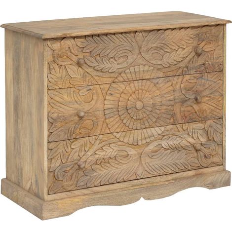Made In Meubles – Commode enfant sculptée en bois de manguier – 3 tiroirs motifs floraux – Dimensions 80x100x45 cm – Style contemporain (1/5)
