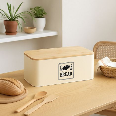 Brotkasten mit bambusdeckel - retro design metallgehause