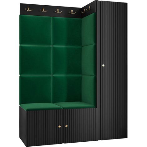 Meuble d'entrée Hartford 385, Noir, 186x124x46cm, MDF, Stratifié, Tissu, Murale, À poser