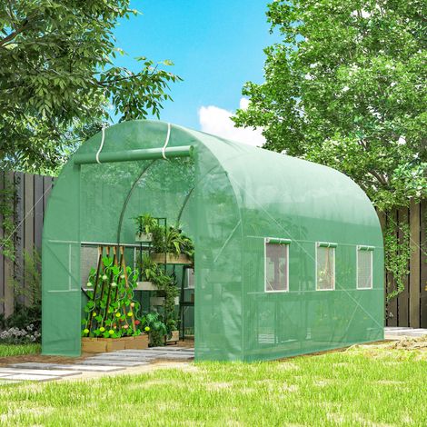 Serre de jardin tunnel avec porte roulante et 6 fenêtres - 3,5x2x2m - serre de jardin avec couverture en PE et cadre en acier - vert