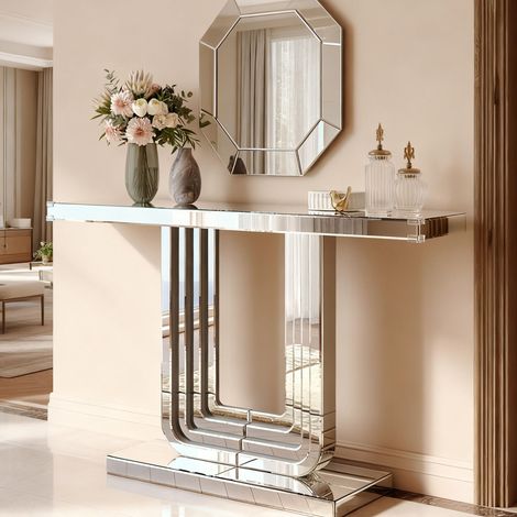 Consolle 120 cm argento in vetro e MDF con finitura a specchio e base a U (1/5)