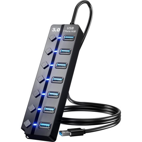 Hub USB 3.0 PANPEO à 7 ports avec câble rallonge USB 90 cm pour portables, PC, Surface Pro, PS4/5, USB, USB externes - avec voyants LED marche/arrêt particuliers (1/5)
