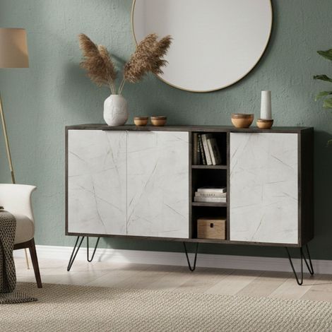 Dmora - Kommode Ashlesha, Wohnzimmerbuffet, Wohnzimmer-Sideboard, Moderne Küchen-Speisekammer, 142x36 h83 cm, Braun und Hellblau (1/4)