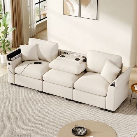 Canapé 3 places en chenille beige avec table pliante, port USB et rangements — 242×80×88 cm