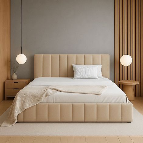 Sofello Polsterbett nach Maß KARAMELL 200x200 Holz-LattenrostBEIGE Velour Samtstoff Velvett ohne Bettkasten und Stauraum (1/5)