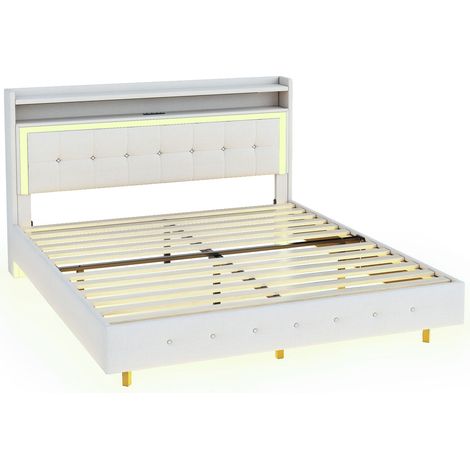 Lit rembourré 140200, avec prise USB et lumière LED, rangement en tête de lit, pieds dissimulés, lit double plat, tissu en lin beige (1/5)