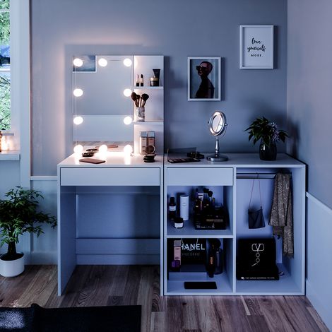 Coiffeuse Isabelle, Blanc, 140cm avec éclairage LED et armoire, Vicco