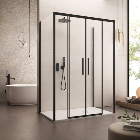 Box doccia tre lati con profili neri scorrevole cristallo 6mm h195 lagoa-trio, misura 80x140x80 (1/5)