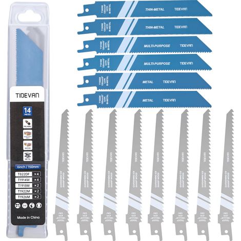 Säbelsägeblätter, 14-teiliges Set 150 mm BIM-Sägeblätter 6/10/14/18 Zähne pro Zoll (TPI) CRV-Sägeblatt Säbelsäge zum Schneiden von Metall, dünnem Metall, Kunststoff, Holz und Holz mit Nägeln (1/5)