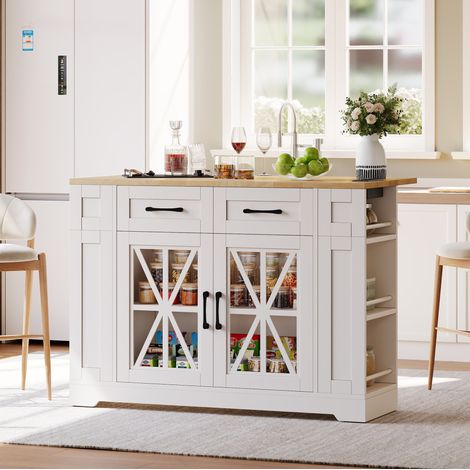 Isla de cocina 120x40(65)x92 cm de MDF blanco y natural, extensible, con almacenaje FloraGrace (1/5)